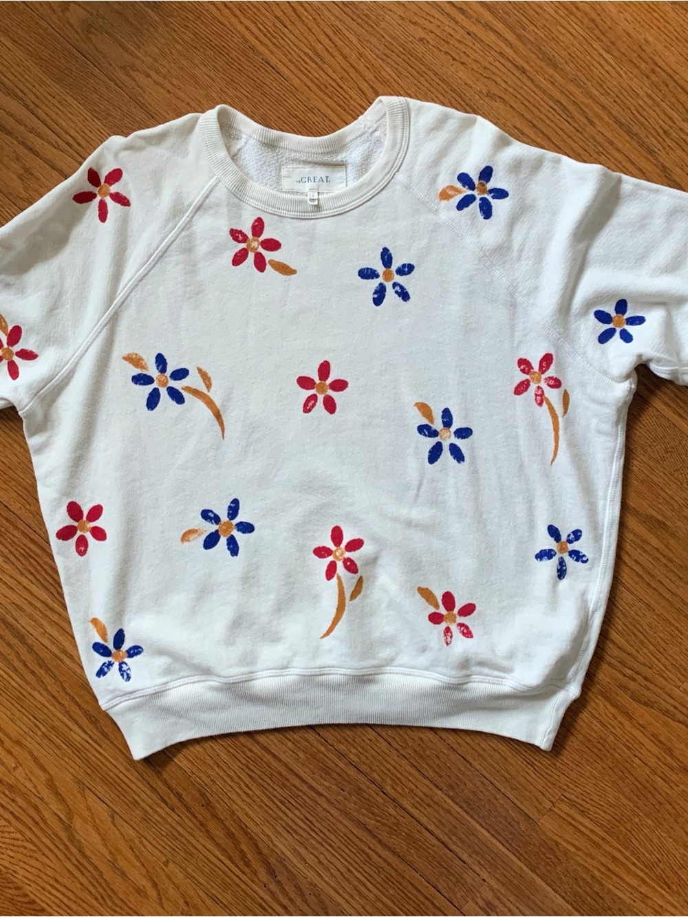 THE GREAT. Cream Hand Painted College Sweatshirt with Red and Blue Flowers